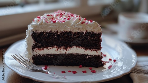 A Valentineâ€™s breakfast cake made of chocolate layers topped with whipped cream, rose syrup, and heart photo