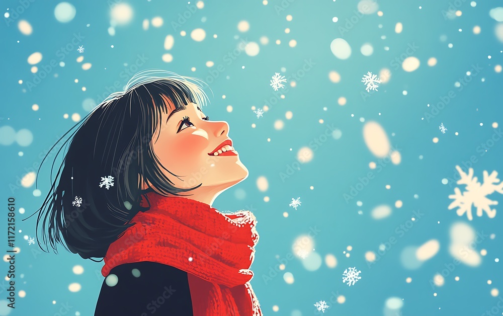 A cute girl with short hair wearing a red scarf, a smiling face, and looking at snowflakes falling in the sky, with a blue background, in a flat illustration style, A cute girl with short hair wearing a red scarf, a smiling face, and looking at snowflakes falling in the sky, with a blue background, in a flat illustration style,