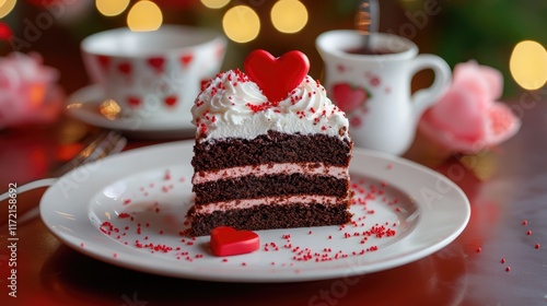 A Valentineâ€™s breakfast cake made of chocolate layers topped with whipped cream, rose syrup, and heart photo