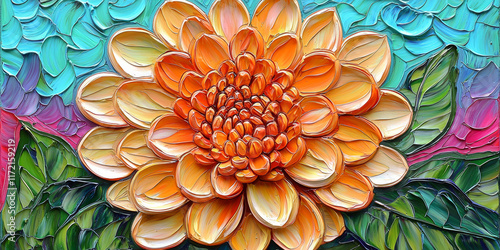Wallpaper Mural  Vibrant Orange Flower with Green Leaves and Colorful Background Torontodigital.ca