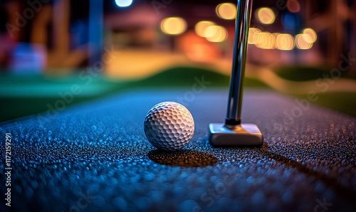 Close-up of golf ball and putter on indoor mini golf course.