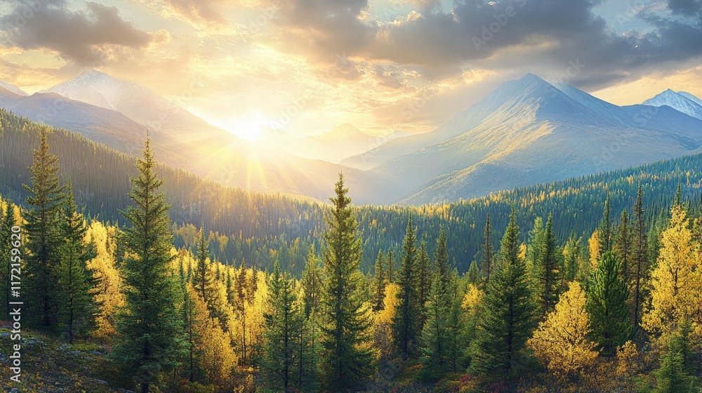 Obraz premium A bird's-eye view of a vast forest and mountain range basking in warm sunlight.