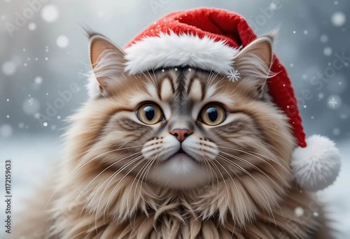 Adorable Fluffy Cat in Santa Hat