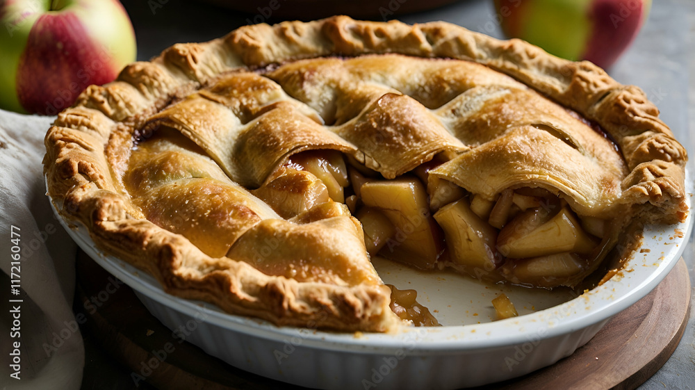 Deep Dish Apple Pie Autumn pie deep dish apple pie with a lattice crust served on a transparent glass,
