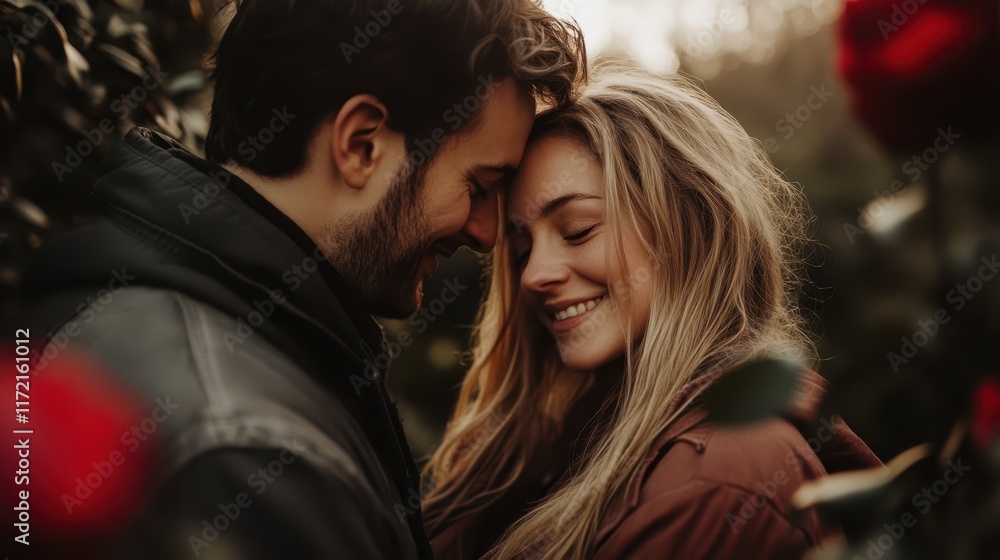 A romantic couple embraces lovingly amidst vibrant roses, symbolizing passion and affection in a serene garden setting, perfect for Valentine's Day. A romantic couple embraces lovingly amidst vibrant roses, symbolizing passion and affection in a serene garden setting, perfect for Valentine's Day.