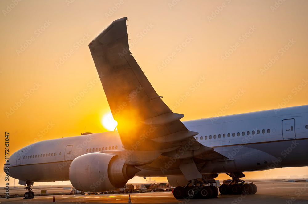 airplane jet waiting to runway on taxi lane in airport and aircraft traffic to take off with sunset background, view from window air plane