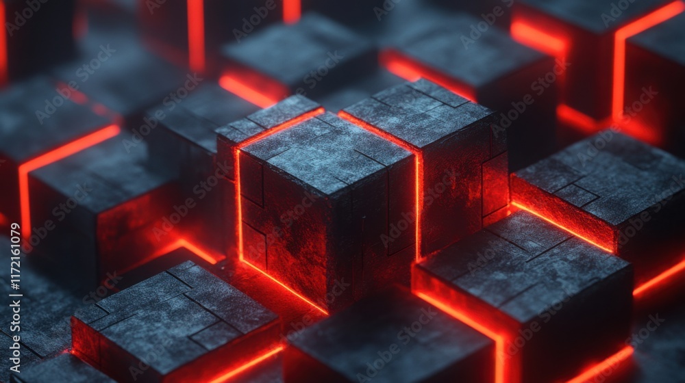 Abstract 3D Background with Dark Metallic Cubes and Glowing Red Lines Creating a Futuristic and High-Tech Atmosphere for Digital Design Projects Abstract 3D Background with Dark Metallic Cubes and Glowing Red Lines Creating a Futuristic and High-Tech Atmosphere for Digital Design Projects