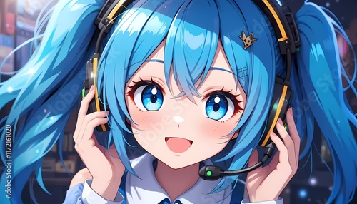 Cheerful Anime Girl with Blue Hair and Headphones