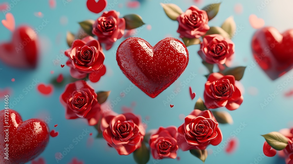 A playful Valentine's design of glossy red hearts and roses forming a 3D wreath with decorative Happy Valentine's Day text A playful Valentine's design of glossy red hearts and roses forming a 3D wreath with decorative Happy Valentine's Day text
