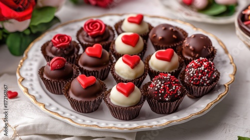 A Valentineâ€™s dessert platter featuring chocolate cake bites decorated with rose motifs and heart-shaped truffles, [sweet assortment], [romantic elegance] photo