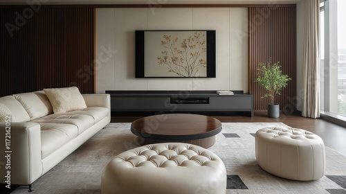 Generative AI, Modern minimalist living room with neutral tones and refined details