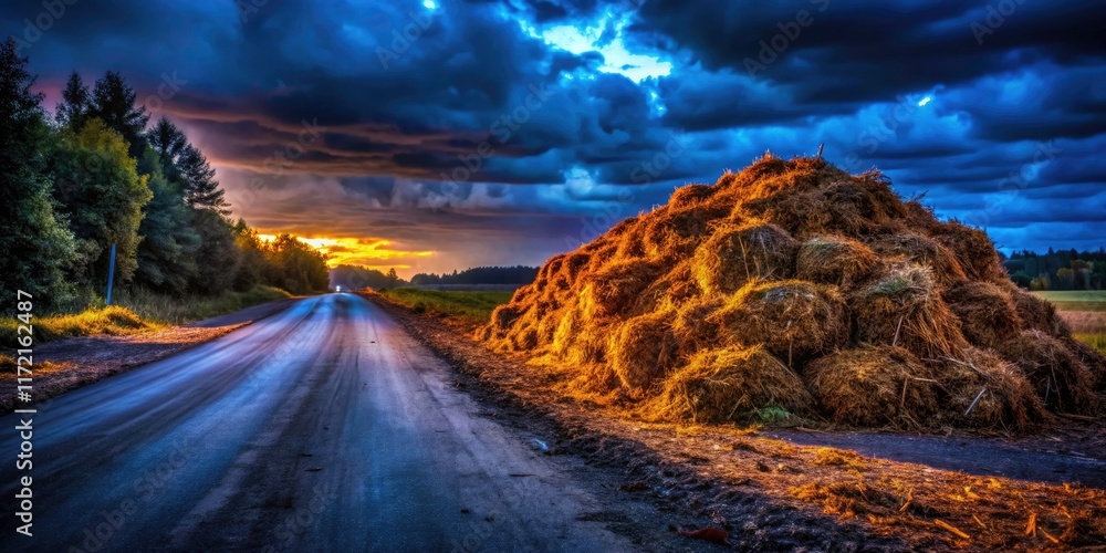 Naklejka premium Rotten fodder, roadside decay, captured in low-light night photography: a haunting scene.