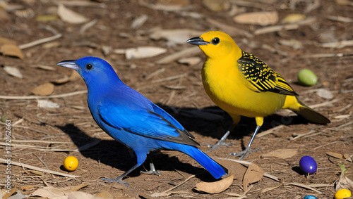 a A bowerbird decorating its court with colorful objects and performing dances to attract a mate. photo