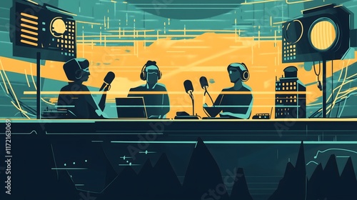 Illustration of a radio show: three podcasters in a high-tech studio