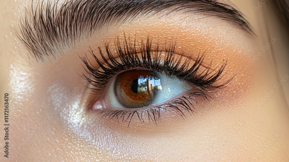 Obraz premium Close-up of a hazel eye with long lashes and peach eyeshadow. Perfect for beauty, makeup, and cosmetics advertising.