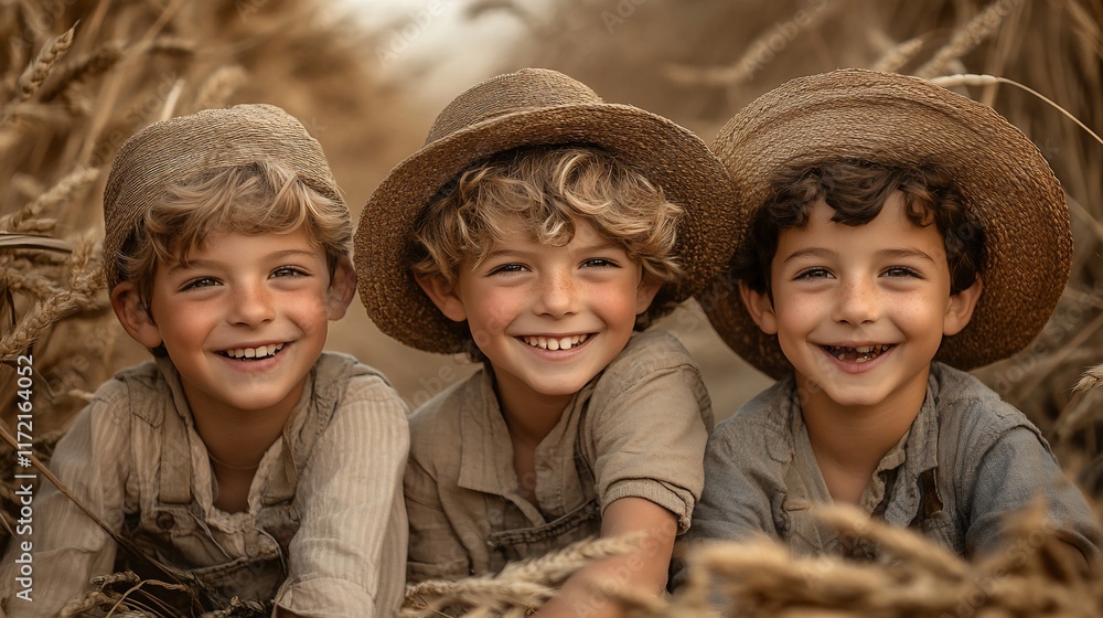 Three happy boys in wheat field. Three happy boys in wheat field.