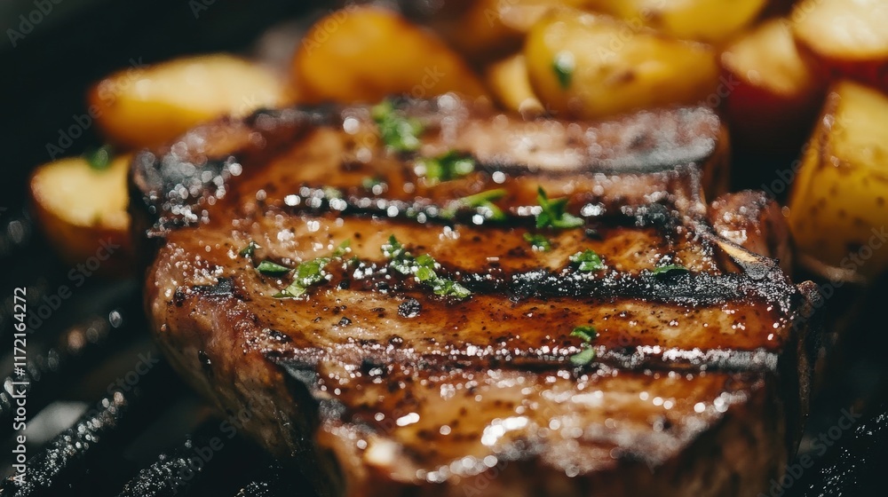 Grilled steak and roasted potatoes backyard bbq food photography outdoor setting close-up view culinary art Grilled steak and roasted potatoes backyard bbq food photography outdoor setting close-up view culinary art