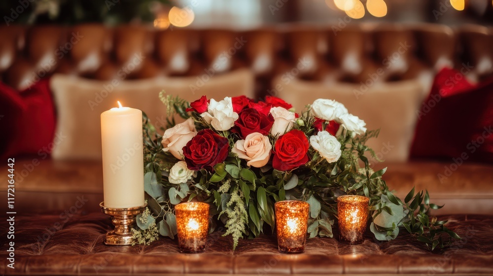 A romantic setting featuring candles and flowers elegantly arranged on a table, perfect for celebrating love on Valentine's Day. A romantic setting featuring candles and flowers elegantly arranged on a table, perfect for celebrating love on Valentine's Day.
