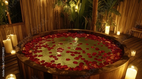 Romantic scene featuring lit candles in a wooden tub adorned with rose petals floating on water, perfect for a Valentine's Day getaway. photo