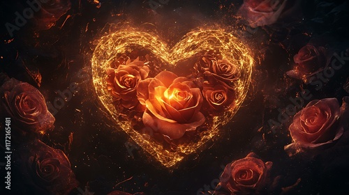 A radiant heart with golden accents surrounded by intricate roses and glowing HAPPY VALENTINE'S DAY text photo