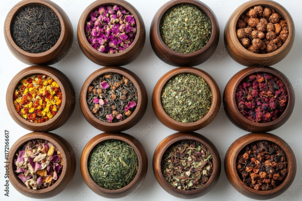 Variety of spices and seasonings in wooden bowls Variety of spices and seasonings in wooden bowls
