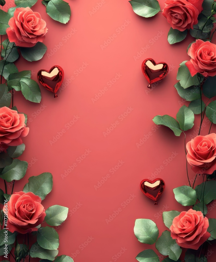 A vibrant display of roses and hearts set against a red background, adorned with lush green leaves, perfect for celebrating love on Valentine's Day. A vibrant display of roses and hearts set against a red background, adorned with lush green leaves, perfect for celebrating love on Valentine's Day.