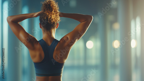Obraz na płótnie スポーツウェアを着た筋肉質な女性の後ろ姿 ジム w salonie
