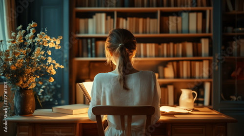 Obraz na płótnie おしゃれなブックカフェで椅子に座って勉強をする女性の後ろ姿 図書館 w salonie