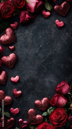 A romantic scene unfolds with vibrant red roses and delicate hearts, beautifully contrasting against a sleek black background, perfect for Valentine's Day.