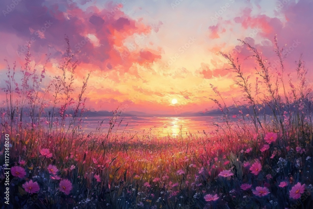 Sunset over a flower meadow Sunset over a flower meadow