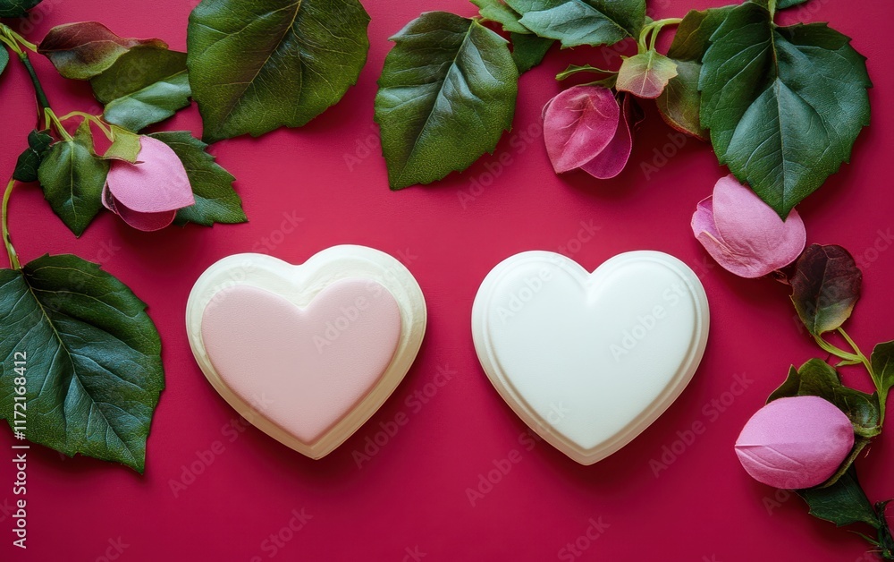 Obraz premium Two charming heart-shaped soaps rest on a soft pink surface, radiating love and warmth, perfect for a Valentine's Day gift or sweet treat.