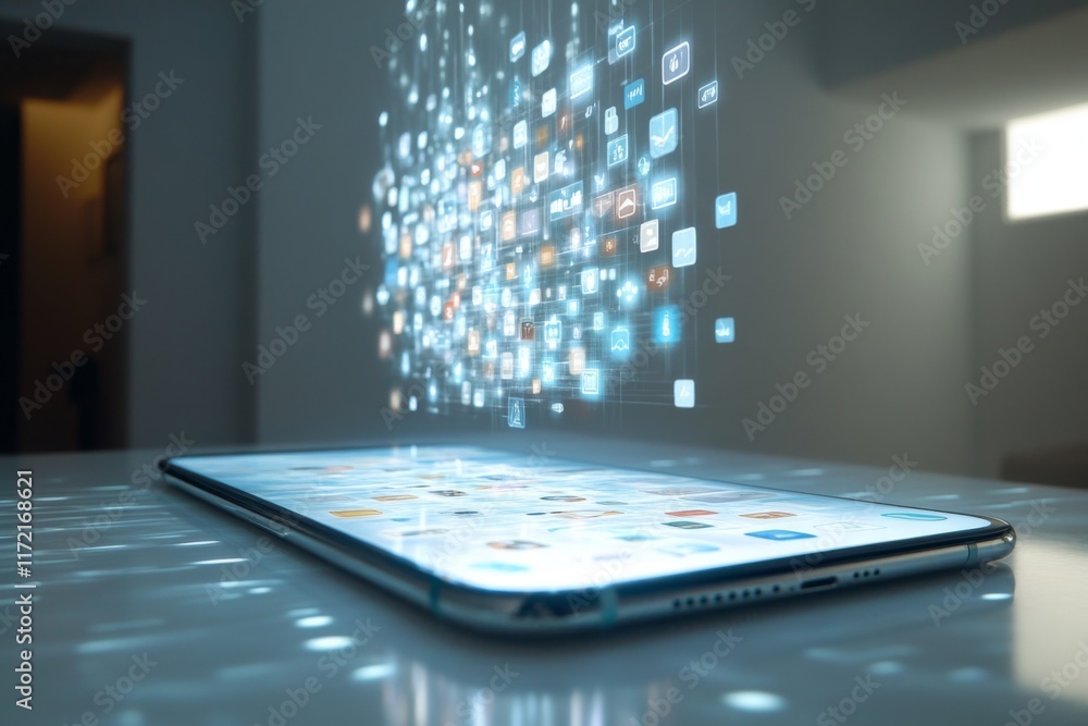 Futuristic tablet emitting glowing particles Futuristic tablet emitting glowing particles