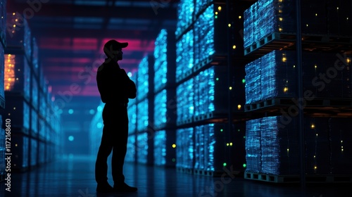 Warehouse operations employee monitoring high-tech facility visual data center industrial environment silhouette viewpoint efficiency concept