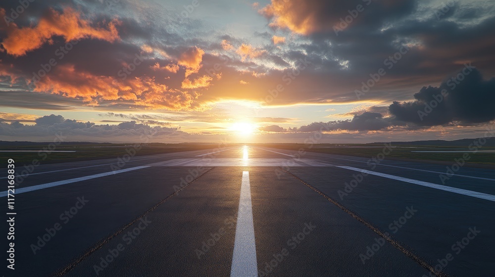 A deserted runway stretching toward the horizon under a radiant morning sun. A deserted runway stretching toward the horizon under a radiant morning sun.