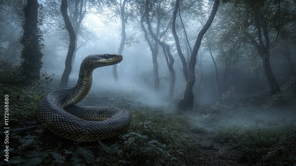 A large snake coils in a misty forest A large snake coils in a misty forest