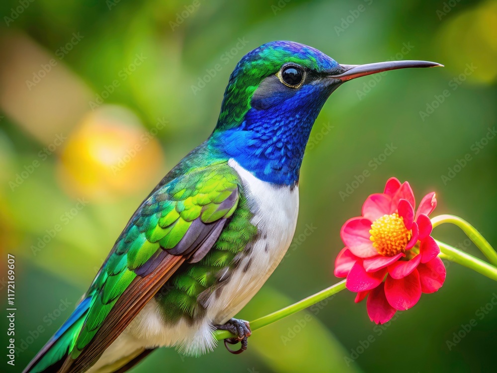 Fototapeta premium Stunning images showcase the White-Necked Jacobin hummingbird's iridescent blue-green feathers in candid shots.