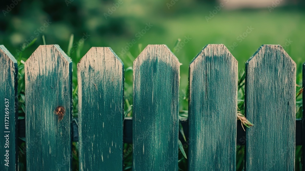Fototapeta premium Weathered green wooden fence with peeling paint. Ideal for themes of rustic charm, nature, and boundaries.