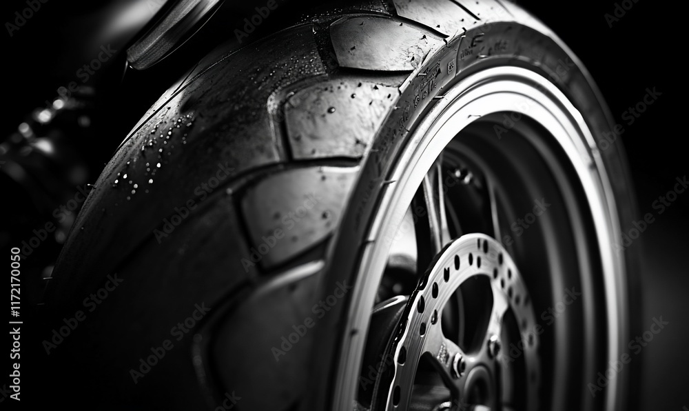 Fototapeta premium Close-up of a motorcycle tire and wheel with water droplets.