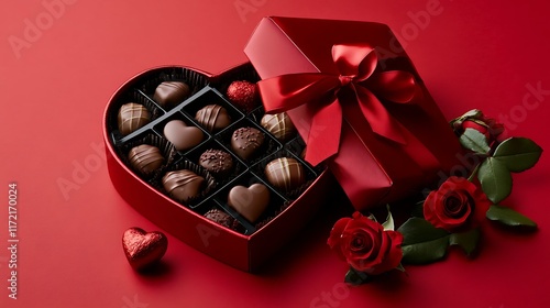 A romantic gift box in the shape of a heart with a red ribbon, chocolates inside, and roses nearby, placed on a bold red background with copy space on the right photo