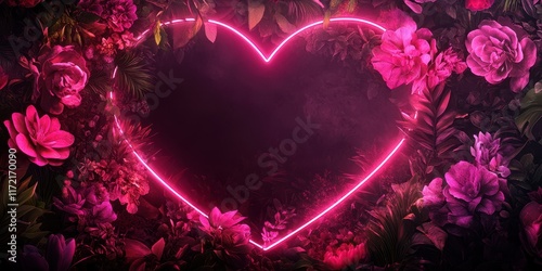 A glowing heart-shaped neon sign radiates love amidst a vibrant flower garden, creating a romantic atmosphere perfect for Valentine's Day. photo