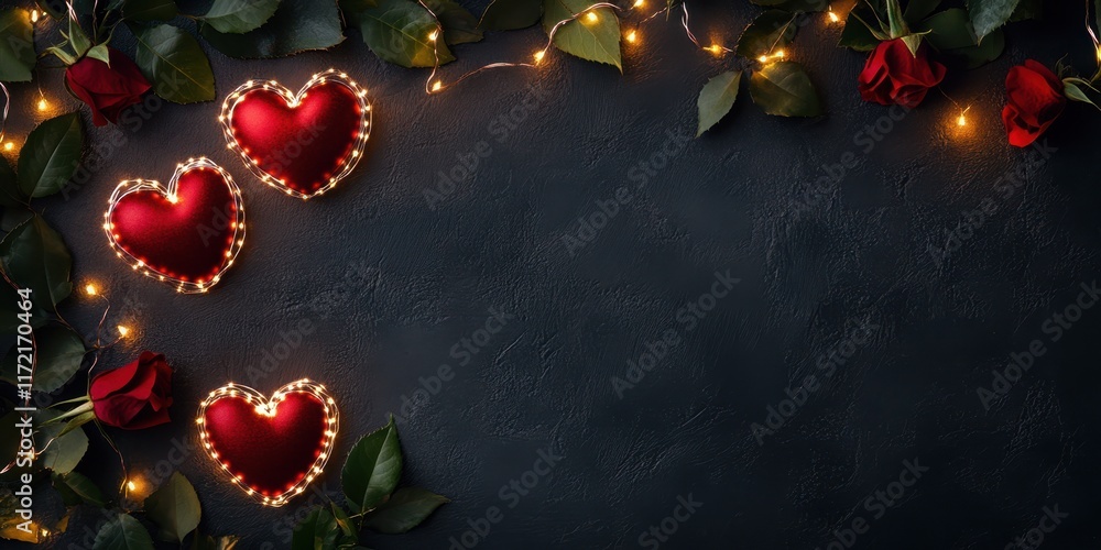 Three glowing red hearts illuminate the darkness, casting a warm and romantic aura, perfect for celebrating love on Valentine's Day. Three glowing red hearts illuminate the darkness, casting a warm and romantic aura, perfect for celebrating love on Valentine's Day.