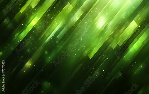 Abstract green glowing diagonal lines and particles background. photo