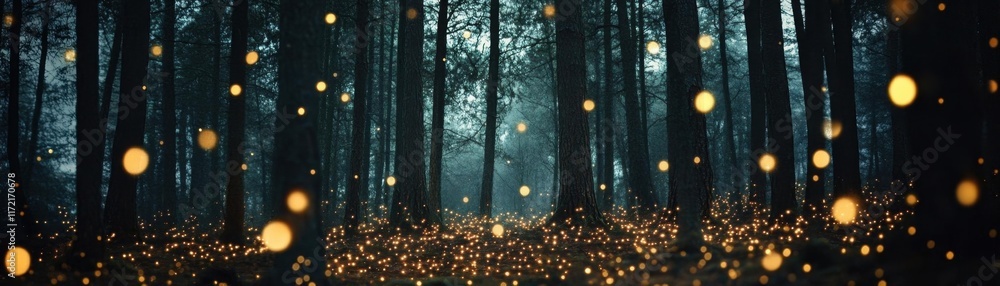 Naklejka premium Experience a forest of twinkling lights, eye-level angle