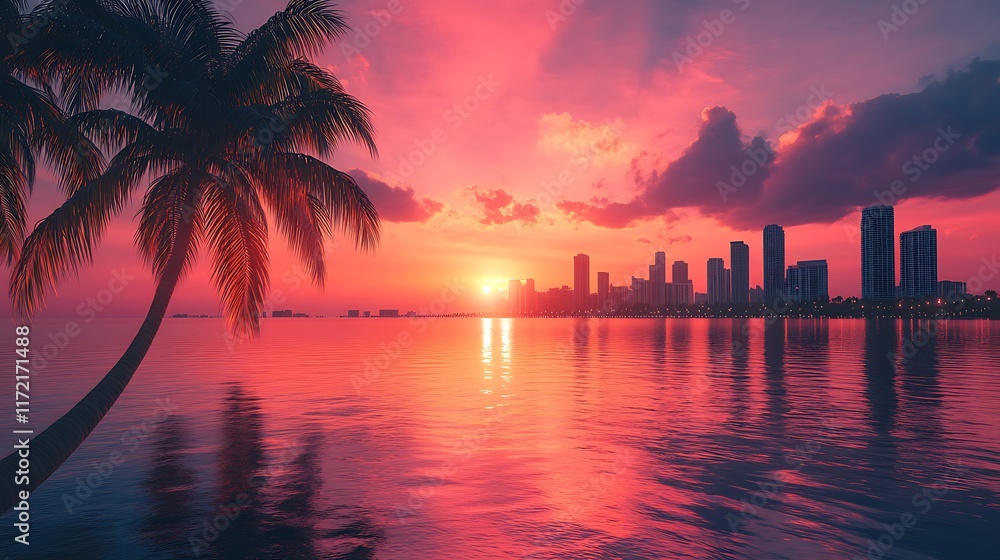 Obraz premium Stunning sunset over miami skyline cityscape tranquil waters