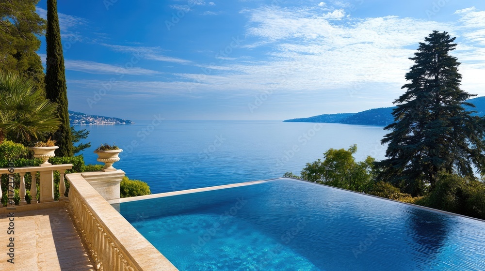 A luxurious swimming pool beside a villa, with morning light shimmering on the water's surface. A luxurious swimming pool beside a villa, with morning light shimmering on the water's surface.
