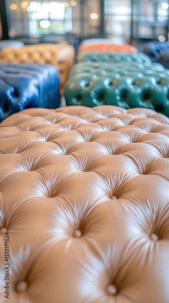 Fototapeta premium Luxurious Beige Tufted Upholstery Ottoman Close up Detail Shot