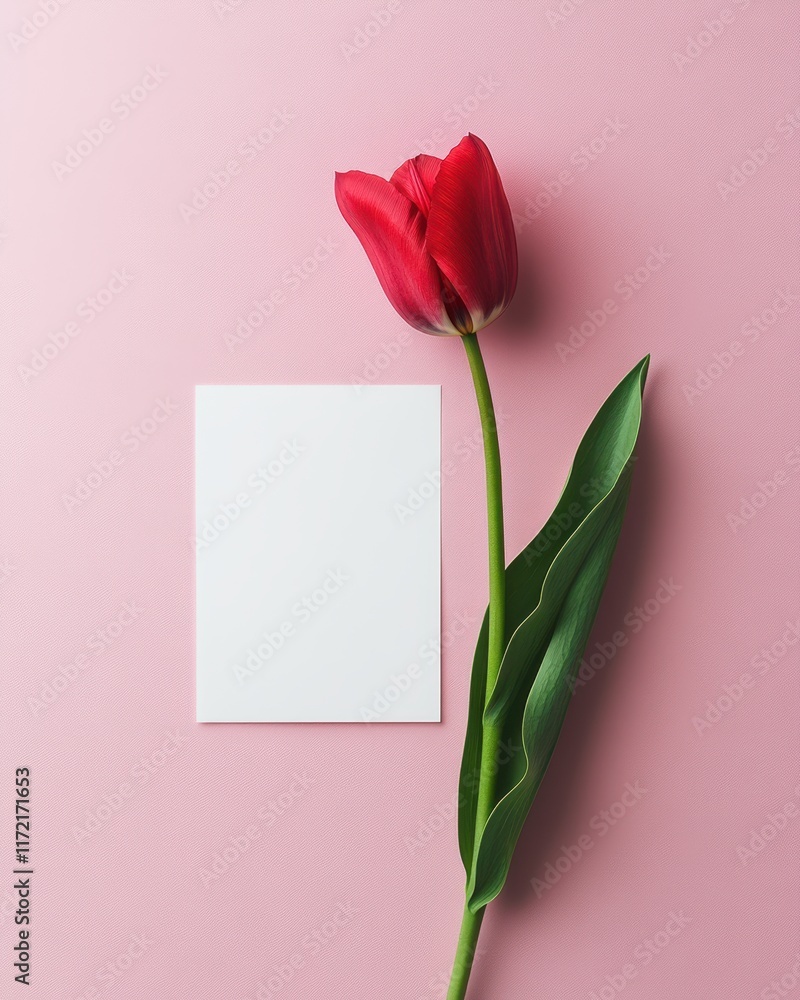 Fototapeta premium A vibrant red tulip rests beside a blank white card on a soft pink surface, embodying the essence of love and heartfelt messages for Valentine's Day.