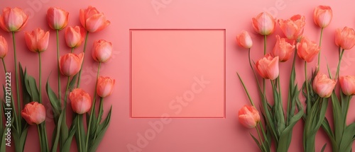 A charming display of vibrant pink tulips dances within a delicate pink frame, evoking warmth and romance perfect for Valentine's Day. photo