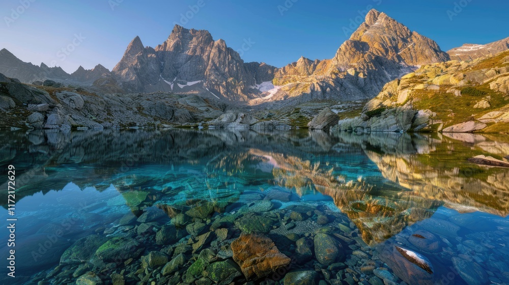 Obraz premium High-end photography of a rugged mountain range with a clear blue lake at its base, reflecting the peaks