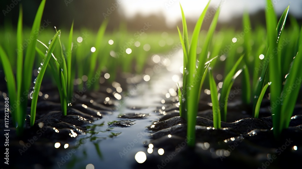 Vibrant Green Rice Shoots Emerging from Water-Soaked Soil Vibrant Green Rice Shoots Emerging from Water-Soaked Soil